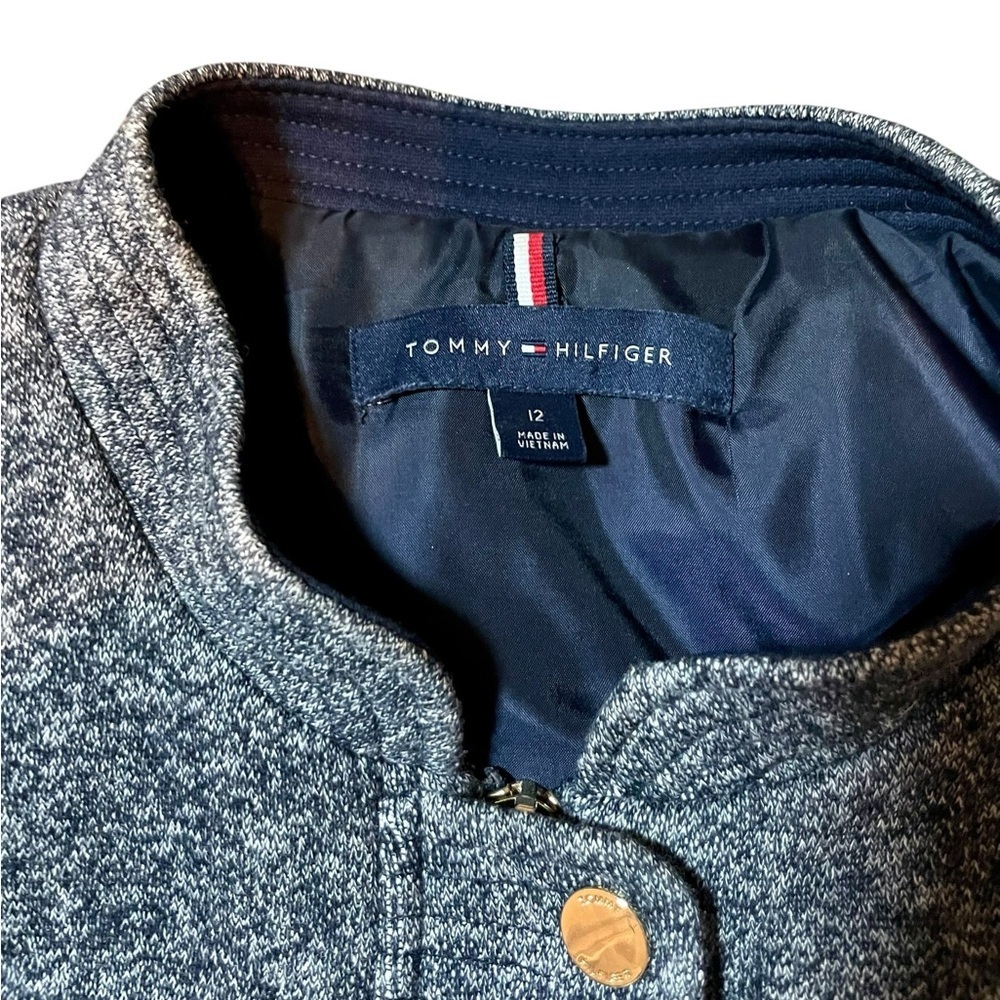 Tommy Hilfiger Navy Gray Marled Elbow Patch Military Style Jacket Size 12 - Picture 2 of 4